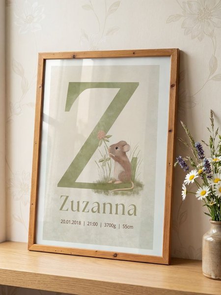 Metryczka z Literą Myszka z koniczyną
